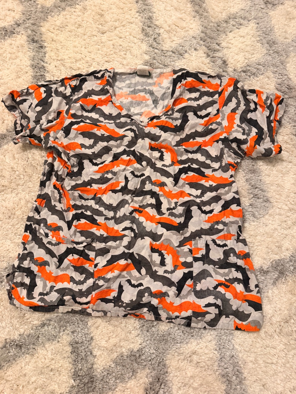 Graphic Bat Pattern Scrub Top in Orange, Black & White